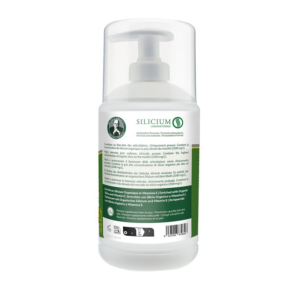 Dos du flacon. Étiquette verte et blanche avec informations produit, logo et code-barres.