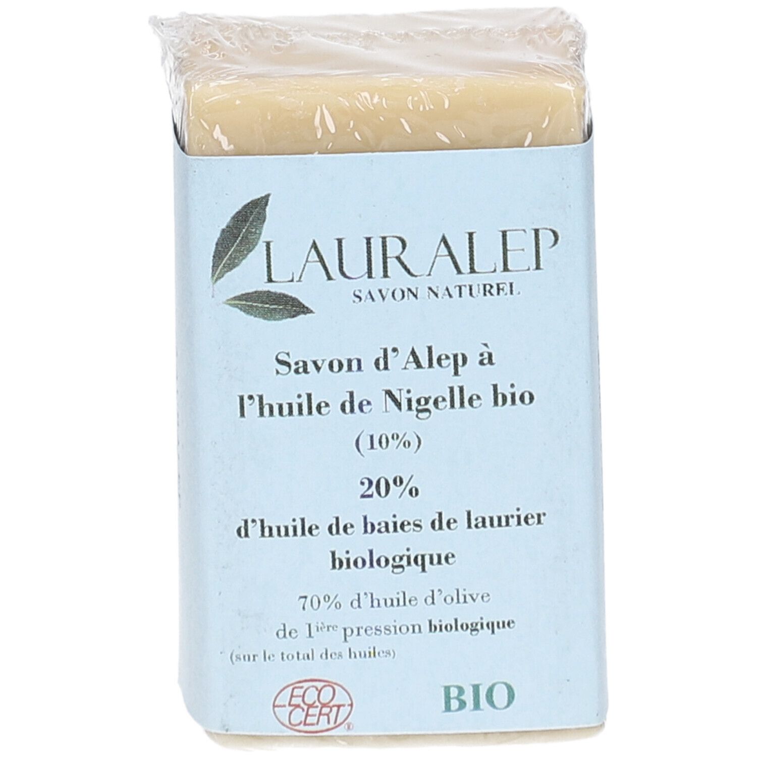 Savon d'Alep emballé. Emballage bleu avec informations produit et logo LAURALEP. Certification Bio.