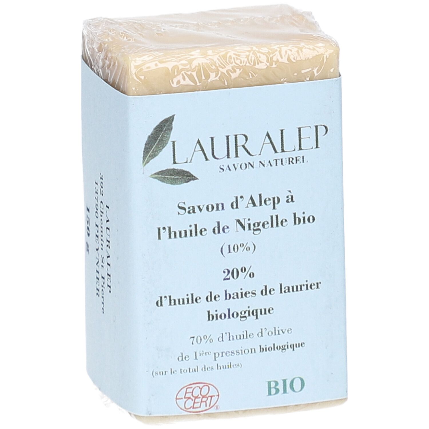 Savon d'Alep emballé. Emballage bleu avec informations produit et logo LAURALEP. Certification Bio.