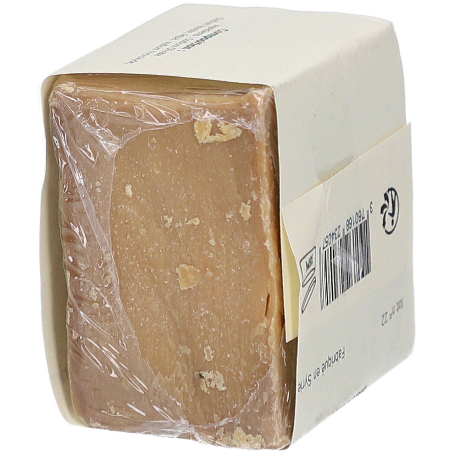 Vierkant blok zeep in papier en plastic folie. Zijaanzicht. Opschrift: LAURALEP, Savon d'Alep Traditionnel.