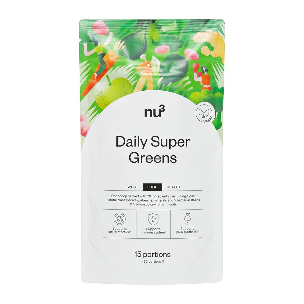 Zakje "Daily Super Greens". Wit zakje met groene bladeren en figuren. Bevat 15 porties. Vegan.