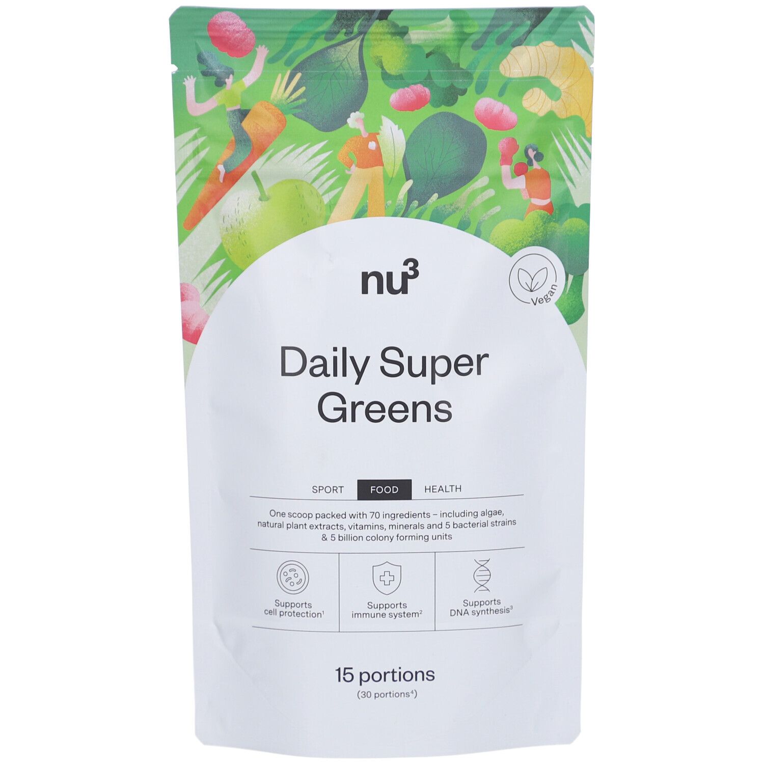 Zakje "nu3 Daily Super Greens". Wit zakje met groene illustraties en productinformatie. Vegan keurmerk.