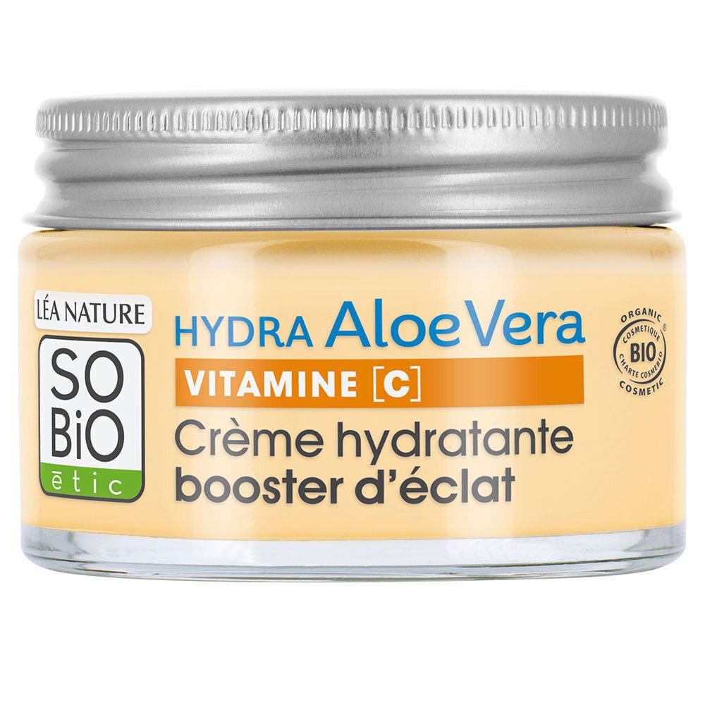 Pot de crème avec couvercle vissé. Inscription : HYDRA Aloe Vera, Vitamine C, Crème hydratante booster d'éclat. Certification bio.