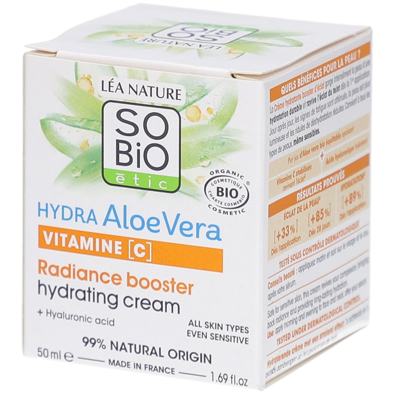 Witte doos met productinformatie. Opschrift: SO BIO etic Hydra Aloe Vera Vitamine C. Bevat hyaluronzuur. 99% natuurlijke oorsprong.