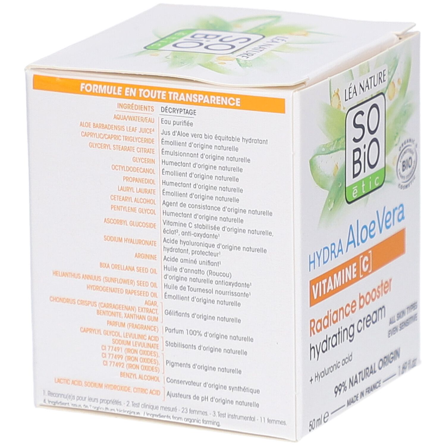 Witte doos met productinformatie. Opschrift: SO BIO etic Hydra Aloe Vera Vitamine C. Ingrediëntenlijst op de zijkant. 99% natuurlijke oorsprong.