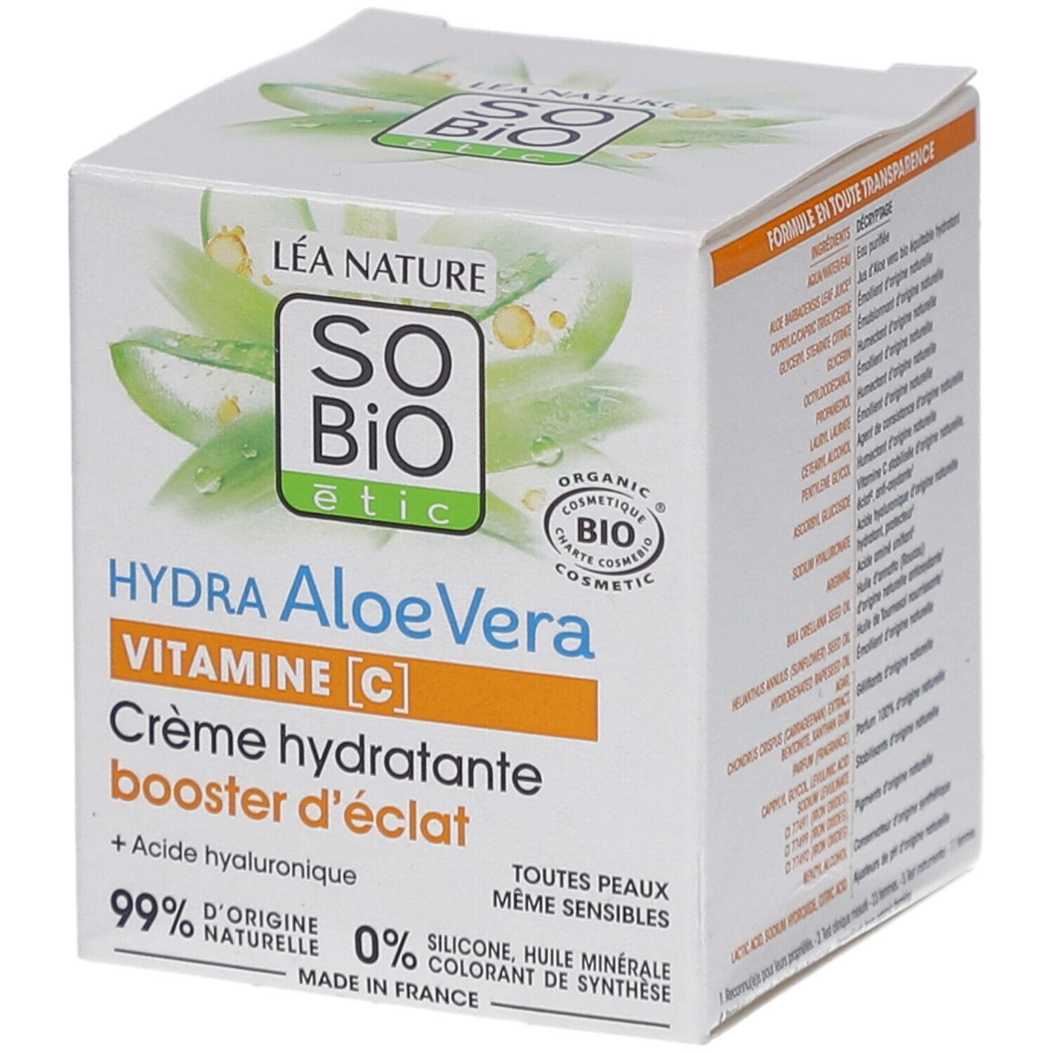 Witte doos met productinformatie. Opschrift: SO BIO etic Hydra Aloe Vera Vitamine C. Crème hydratante booster d'éclat. 99% natuurlijk.