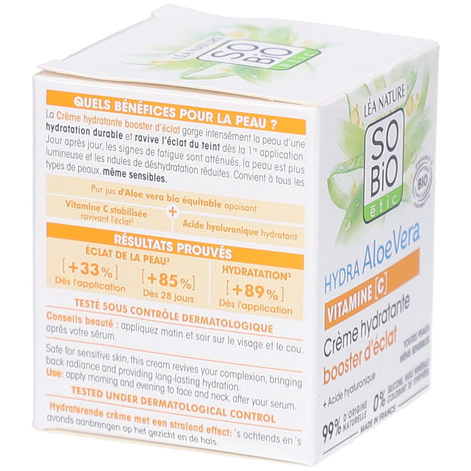 Witte doos met productinformatie. Opschrift: SO BIO etic Hydra Aloe Vera Vitamine C. Resultaten: +33% uitstraling, +85% hydratatie.