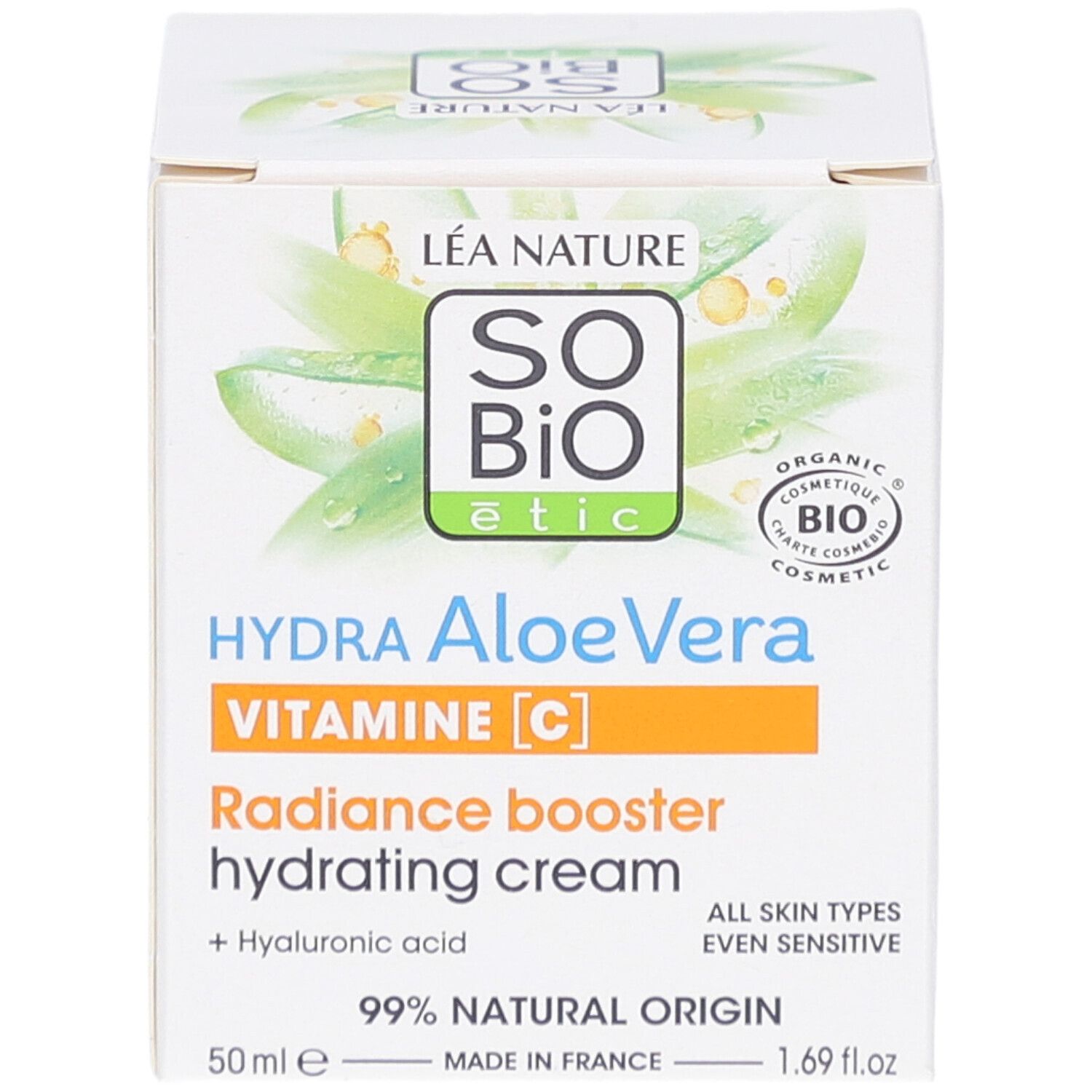 Witte doos met productinformatie. Opschrift: SO BIO etic Hydra Aloe Vera Vitamine C. Crème hydratante. 99% natuurlijke oorsprong.