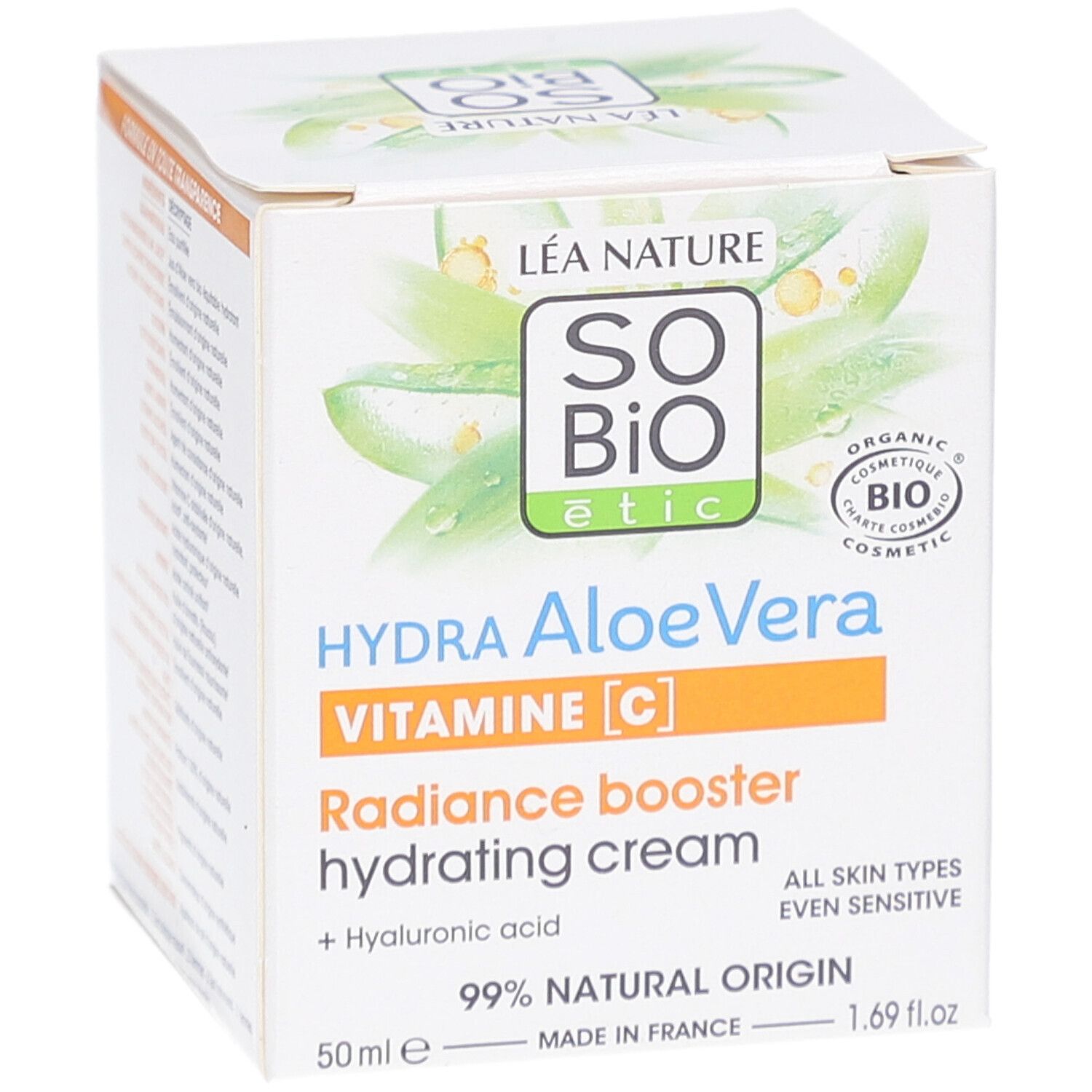 Witte doos met productinformatie. Opschrift: SO BIO etic Hydra Aloe Vera Vitamine C. Crème hydratante. 99% natuurlijke oorsprong.