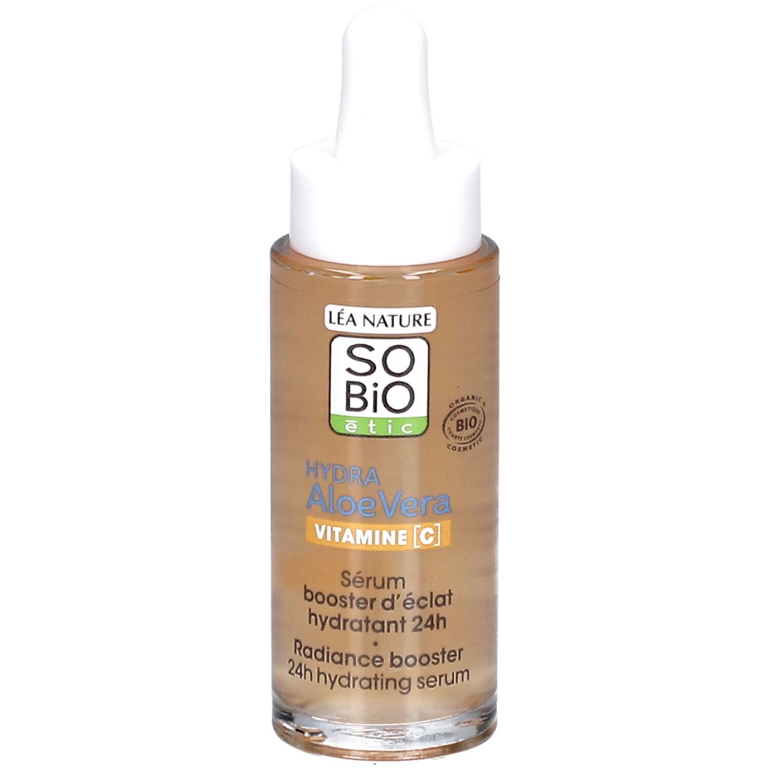 Sérum SO BIO ETIC Hydra AloeVera. Flacon avec pipette. Inscription: VITAMINE C. Certification BIO.
