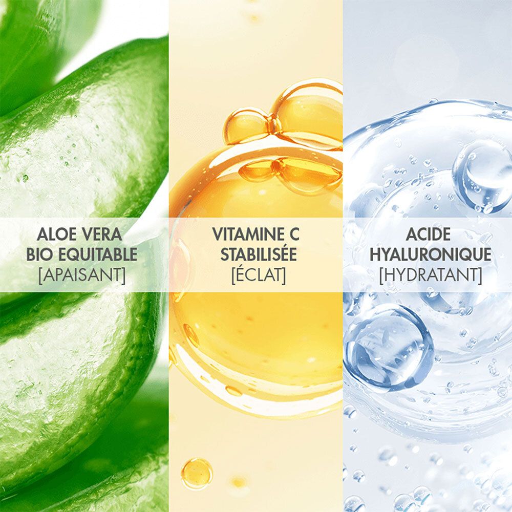 Trois bandes verticales: Aloe vera, vitamine C et acide hyaluronique. Texte: apaisant, éclat, hydratant.