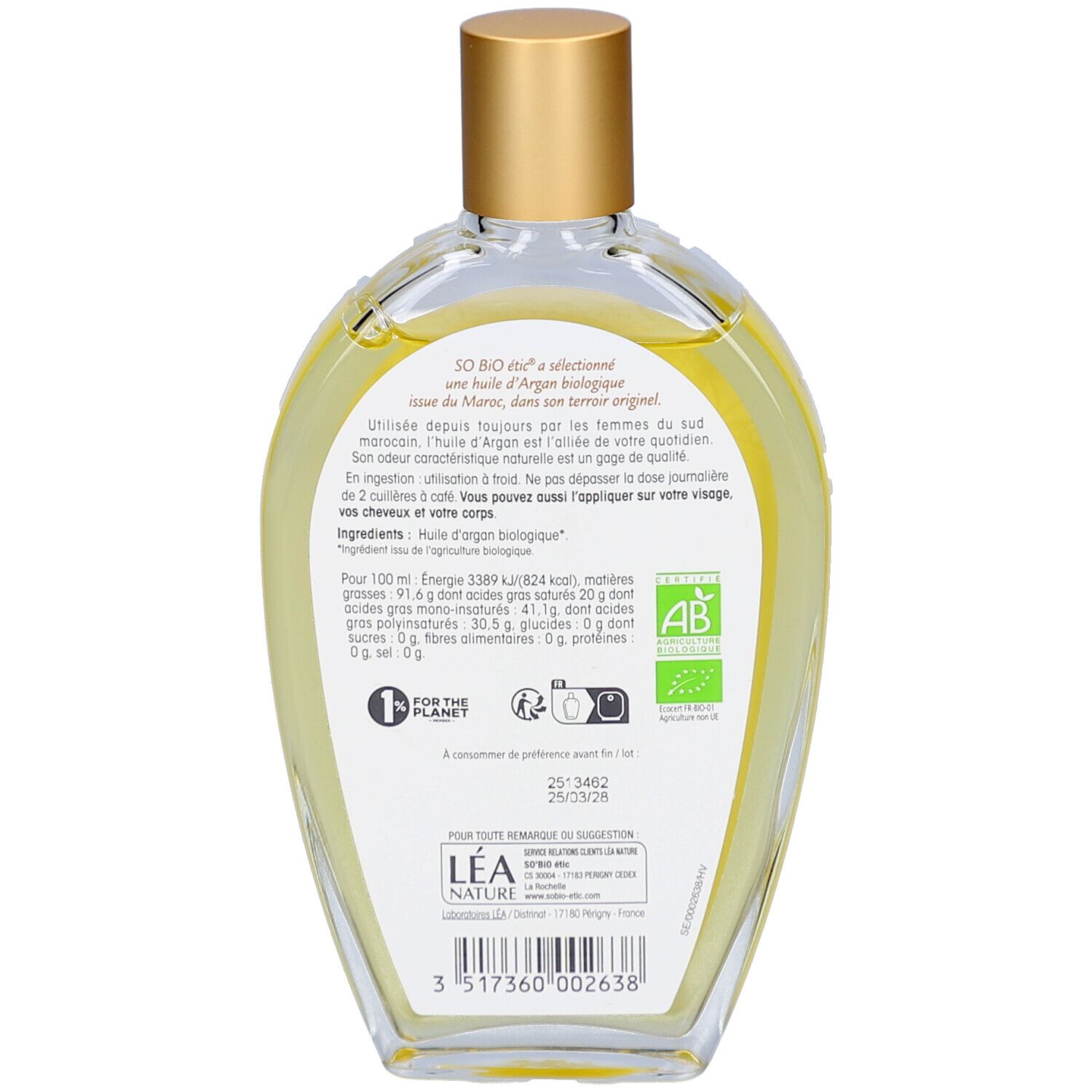 Achterkant van de SO BIO ETIC Argan-oliefles. Etiket met productinfo, ingrediënten en biologische certificering. Groene sticker.