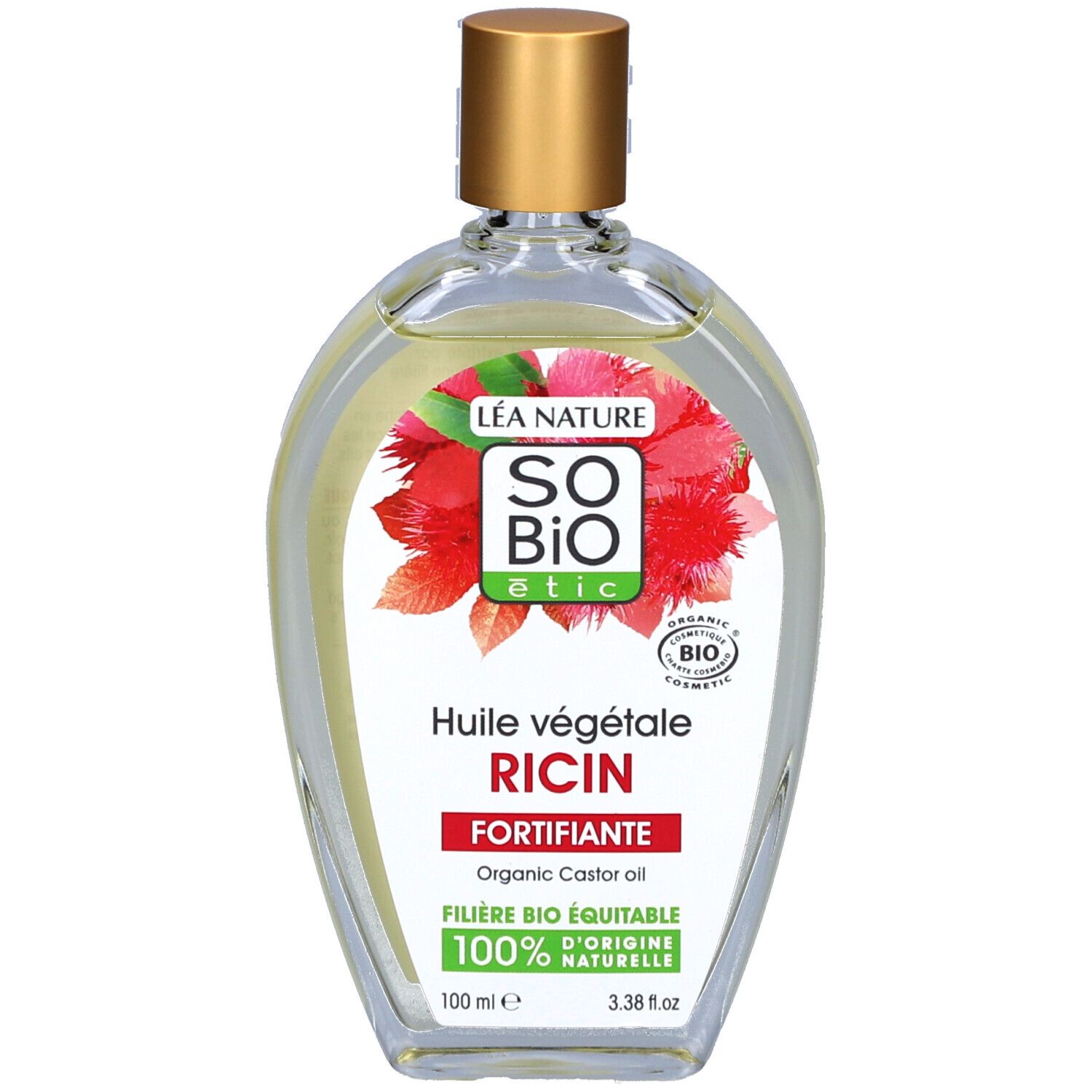 SO BIO ETIC fles met gouden dop. Etiket met productnaam, bloemmotief en bio-certificering.