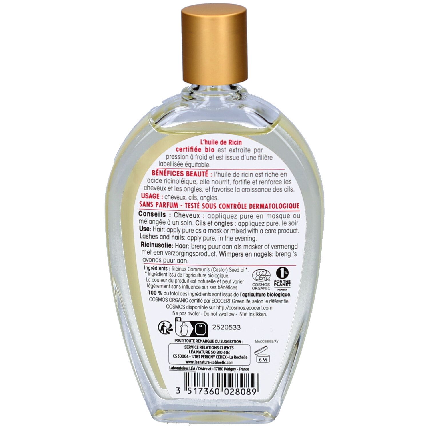 Achterkant van de SO BIO ETIC fles. Tekstinformatie, ingrediënten, gebruiksaanwijzing en bio-certificering.