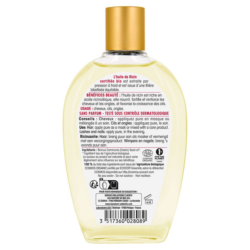 Achterkant van de SO BIO ETIC Rizinusöl fles. Tekstinformatie, ingrediënten, bio-certificering en fabrikantgegevens.