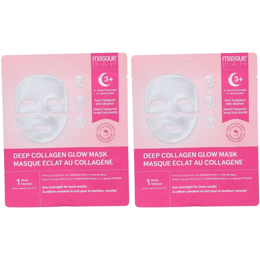 Deux masques faciaux dans un emballage rose. Masque blanc. Texte: Deep Collagen Glow Mask, Masque Éclat au Collagène.