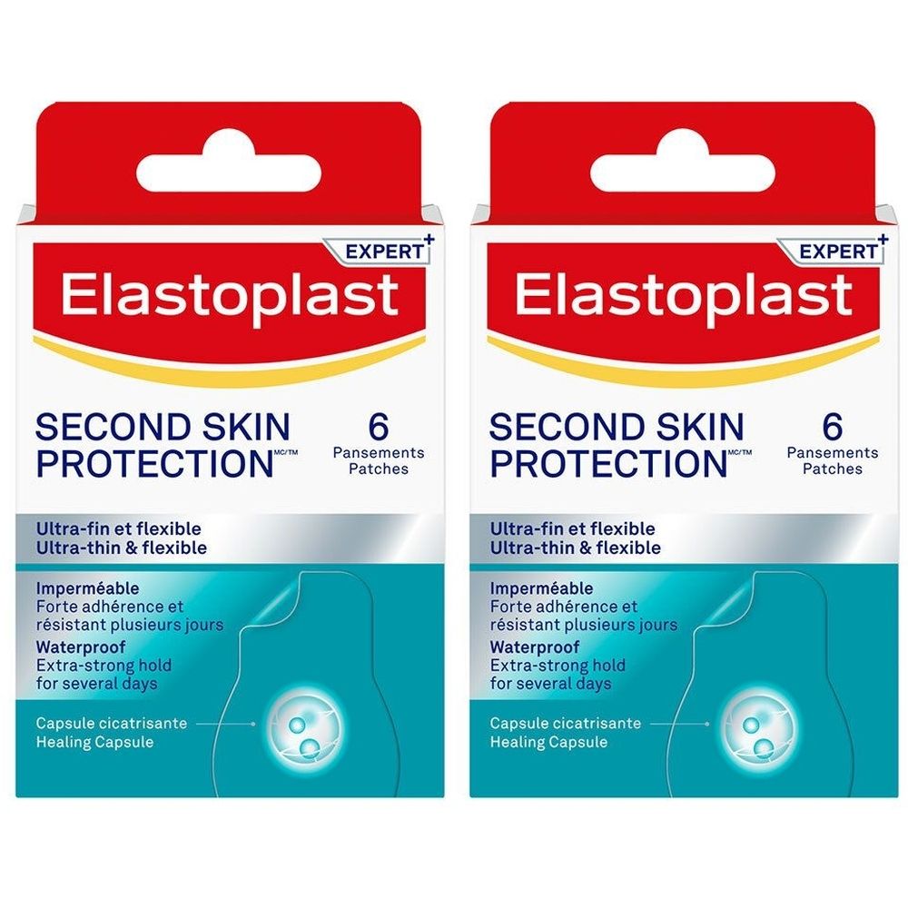 Twee verpakkingen pleisters. Opschrift: Elastoplast, Second Skin Protection, 6 pleisters. Ultra-dun en flexibel, waterdicht.