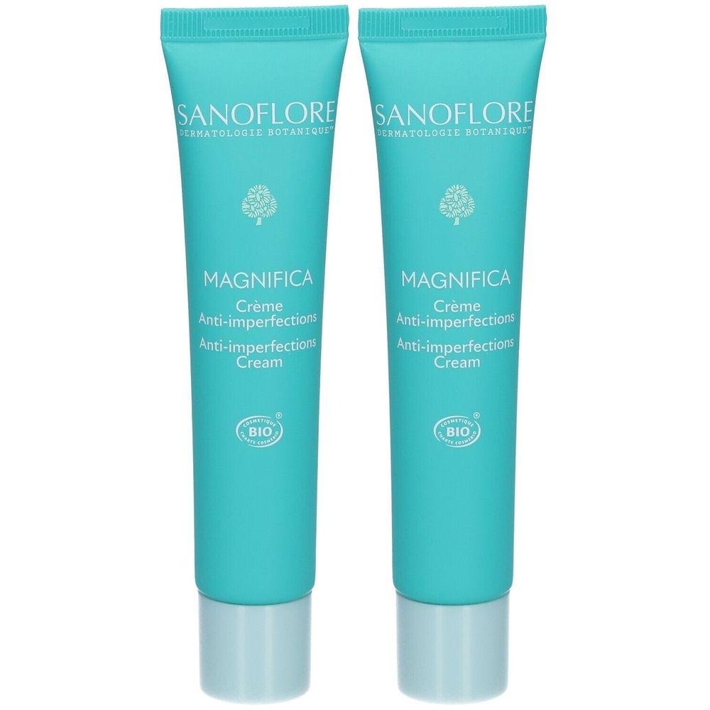 Twee tubes crème. Turquoise tubes met witte tekst. Opschrift: MAGNIFICA Crème Anti-imperfections. BIO-certificering.