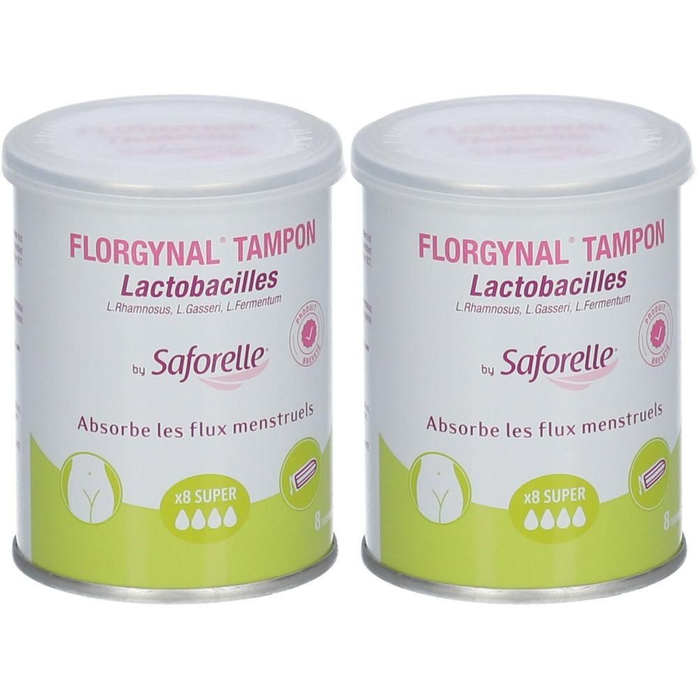 Twee cilindrische containers met deksels. Opschrift: Florgynal Tampon Lactobacilles, Saforelle. Absorbeert menstruatie. Super.
