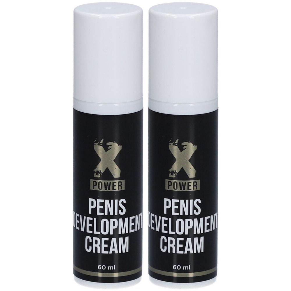Twee cilindrische flessen met witte dop. Zwarte etiketten met gouden logo en tekst: PENIS DEVELOPMENT CREAM. Onder: 60 ml.