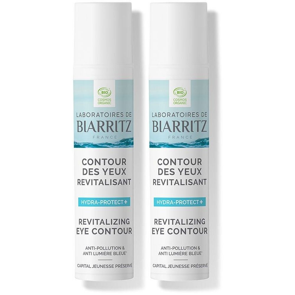 Twee witte flessen met blauwgroene etiketten. Opschrift: Laboratoires de Biarritz, Contour des Yeux Revitalisant, Hydra-Protect+, Revitalizing Eye Contour.