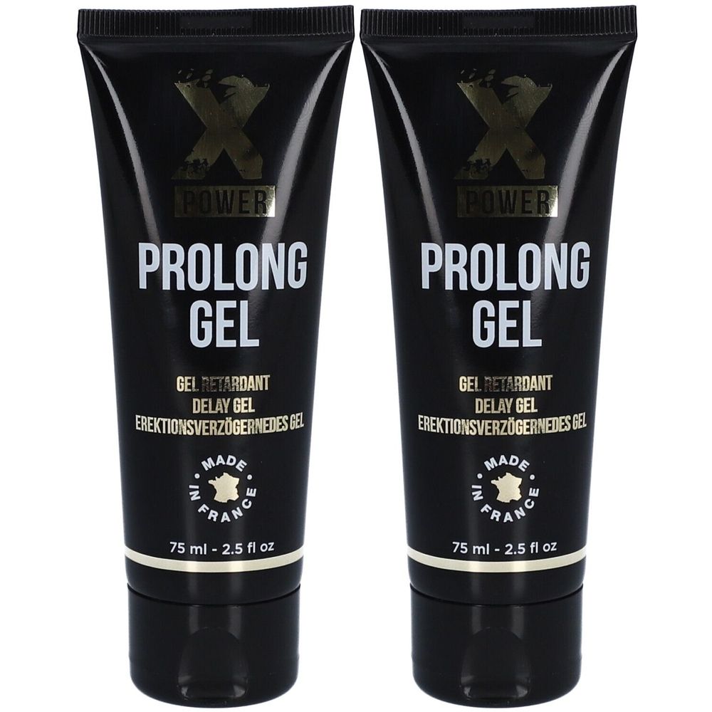 Twee zwarte tubes met witte tekst. Opschrift "XPOWER PROLONG GEL". Tekst eronder: "GEL RETARDANT". Geproduceerd in Frankrijk. Inhoud 75 ml.
