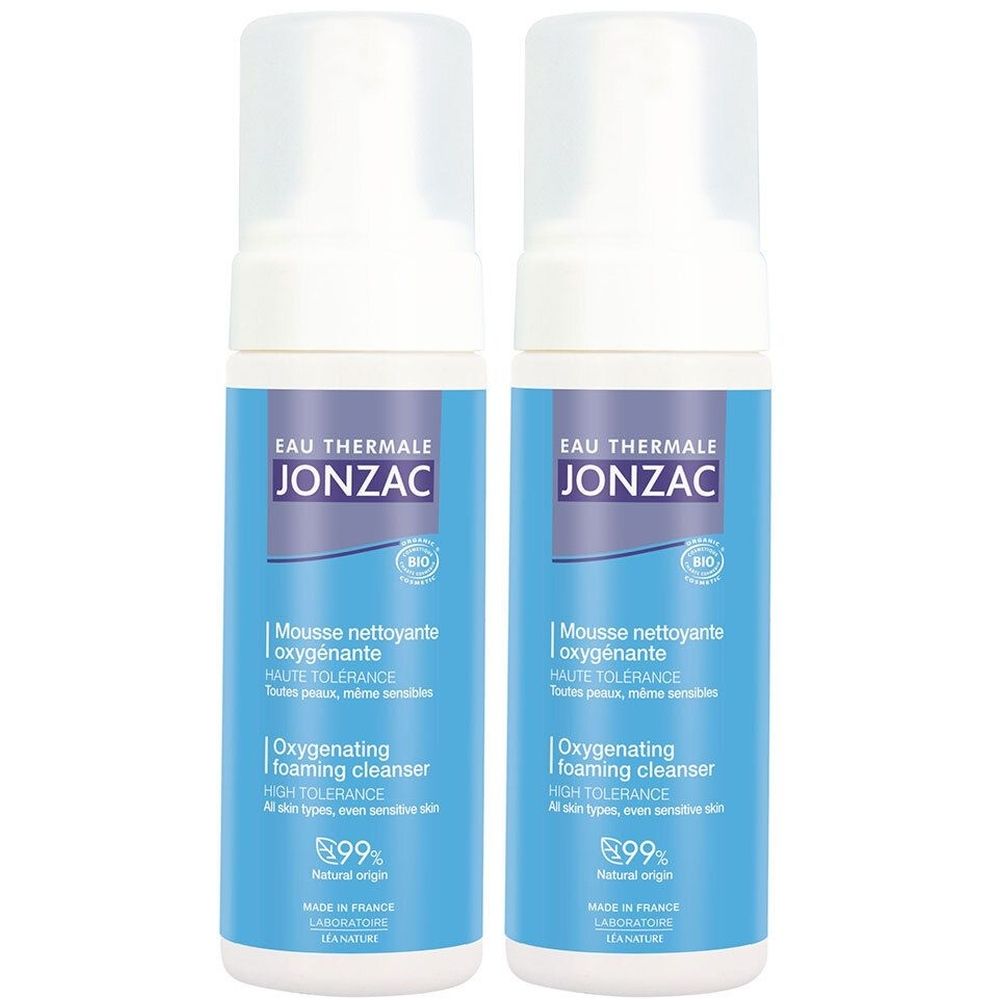 Twee flessen Jonzac Mousse Nettoyante Oxygénante Bio. Blauw-witte verpakking met tekst. Bio-certificering.