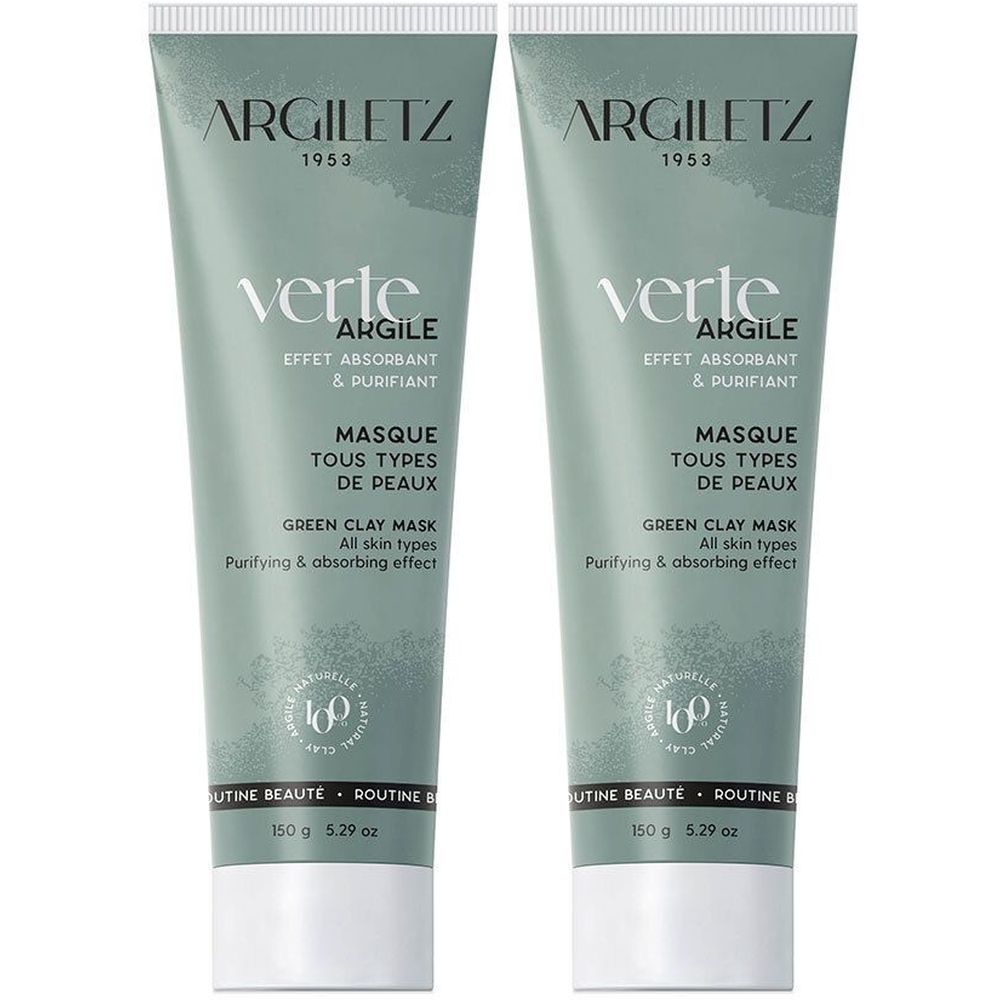 Twee tubes Argiletz gezichtsmasker met groene klei. Lichtgroene tubes met witte tekst. Tekst: Argile, Masque, Tous types de peaux.