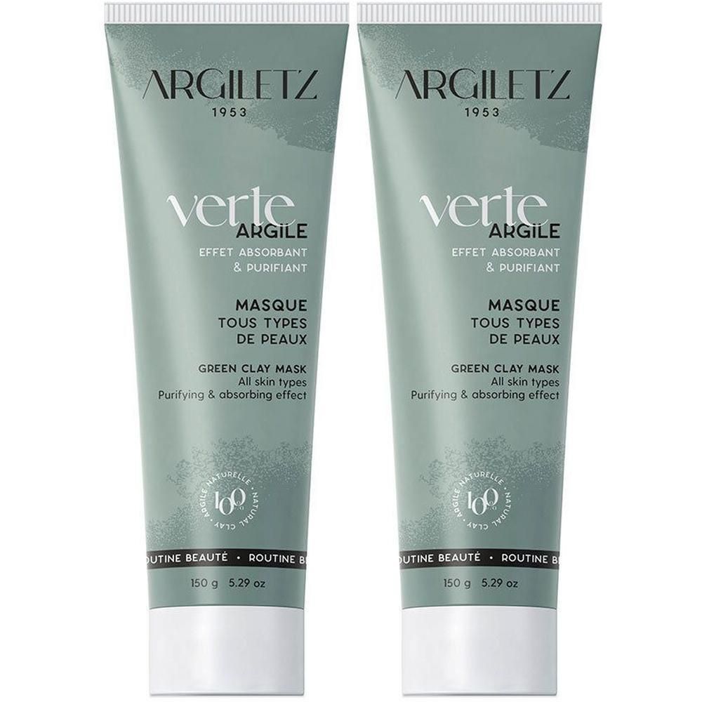 Deux tubes de masque d'argile verte Argiletz. Couleur vert-gris, bouchon blanc. Texte : « Verte Argile », « Masque tous types de peaux ».