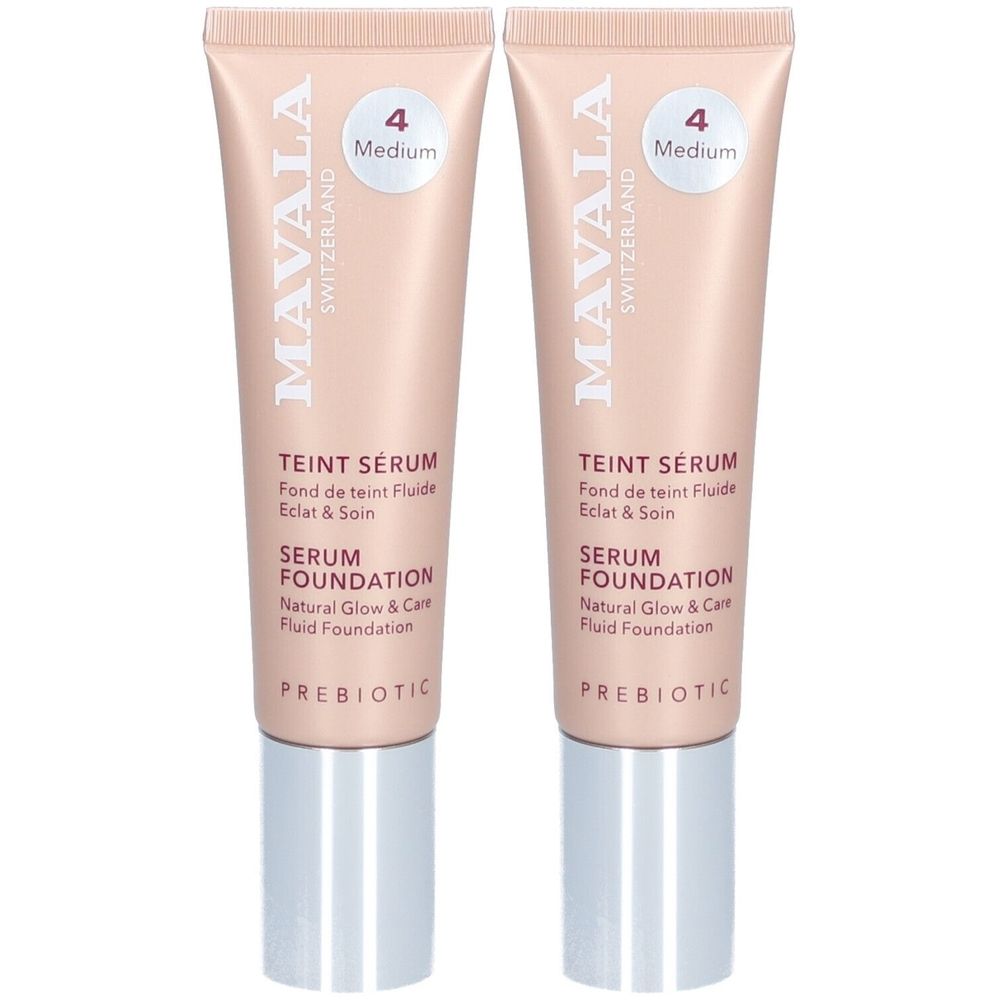 Twee tubes serum foundation. Opschrift: MAVALA, TEINT SERUM, Serum Foundation. Tint 4 Medium. Prebiotic.