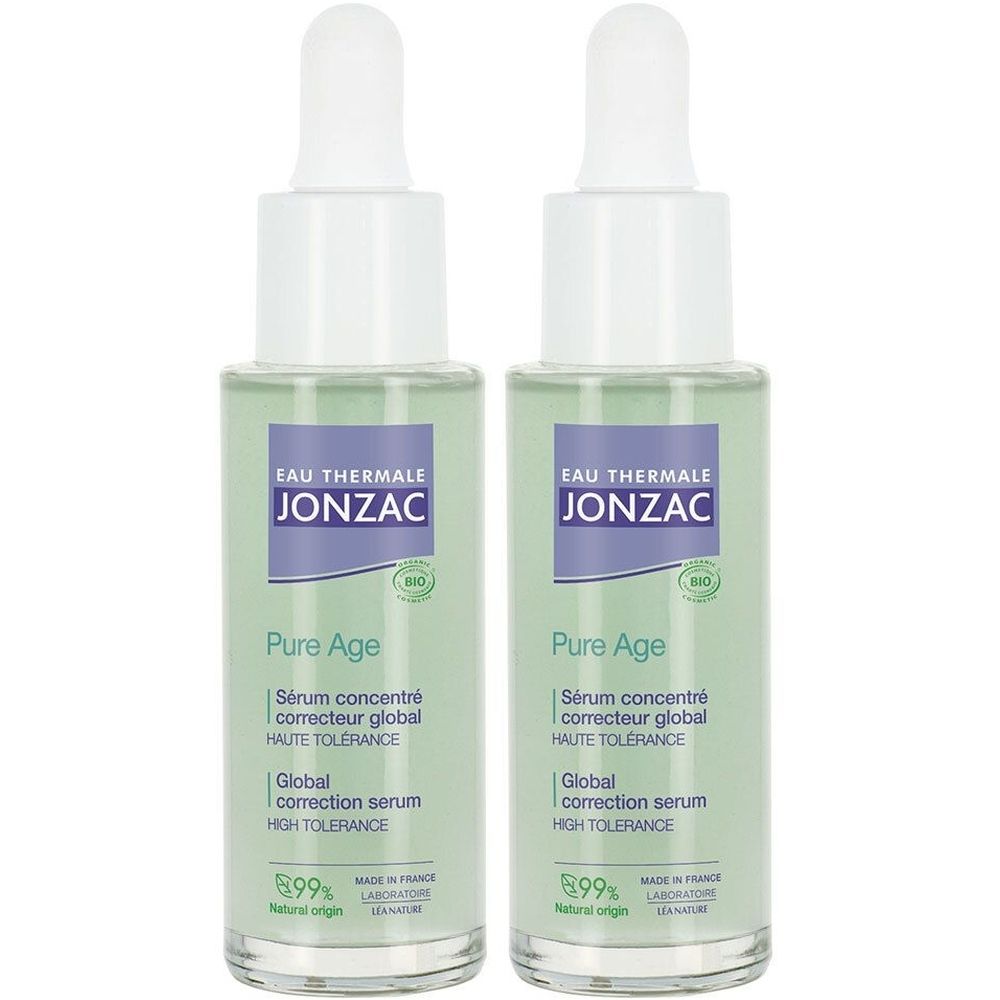 Twee serumflacons met witte dop en pipet. Opschrift: Eau Thermale Jonzac Pure Age. Groene vloeistof, groene en witte etiketten.