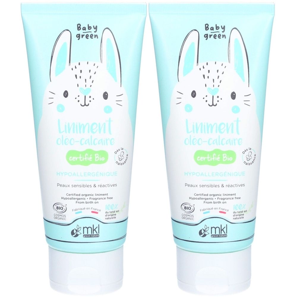 Twee tubes Baby Green liniment. Lichtblauw-wit ontwerp met konijnmotief. Opschriften: "certifié Bio", "Hypoallergénique", "Peaux sensibles & réactives".