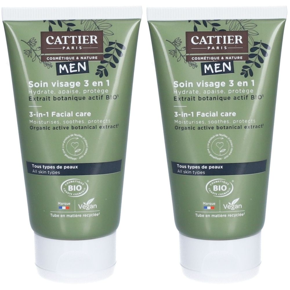 Twee groene tubes met witte dop. Opschrift: CATTIER PARIS, MEN, Soin visage 3 en 1, BIO-certificering, Vegan-logo.