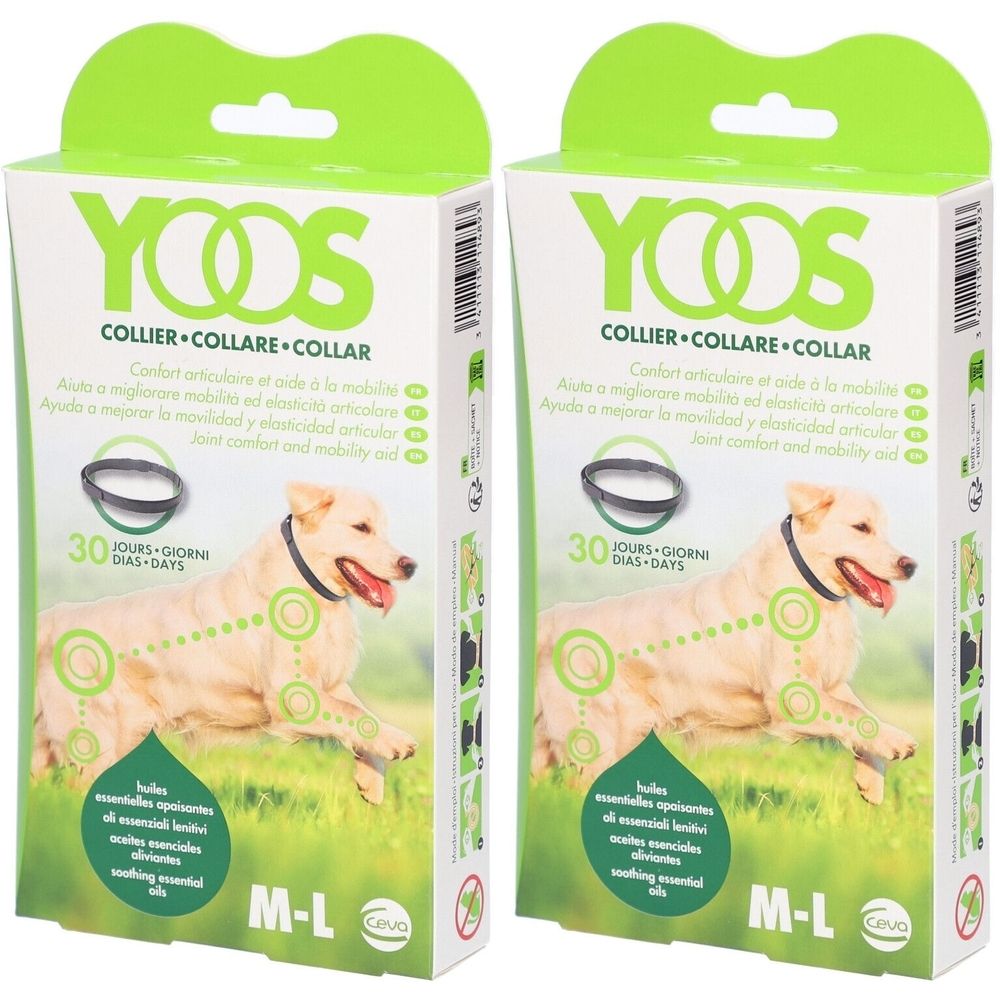 Twee YOOS verpakkingen. Halsband voor honden. Afbeelding van hond met halsband. Maat M-L. 30 dagen.