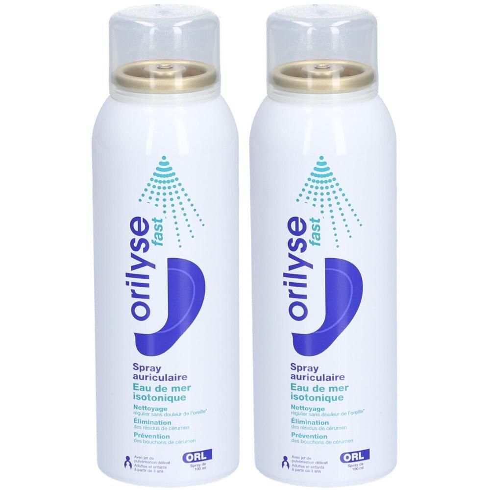 Twee witte spuitflessen met transparante doppen. Opschrift: orilyse fast, Spray auriculaire, Eau de mer isotonique.