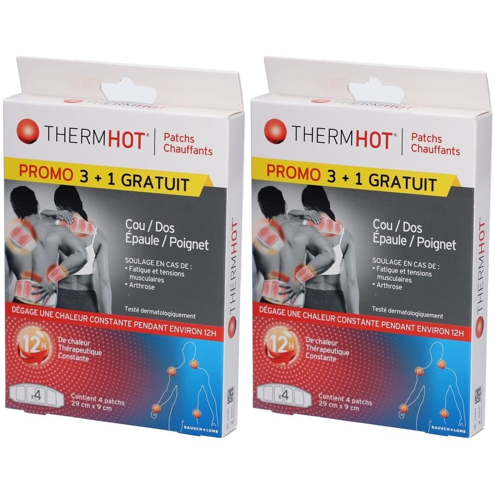 Twee dozen warmtepleisters THERMHOT. Promo 3+1 gratis. Voor nek, rug, schouder. Bevat 4 pleisters, 29 cm x 9 cm. Verlicht artrose.