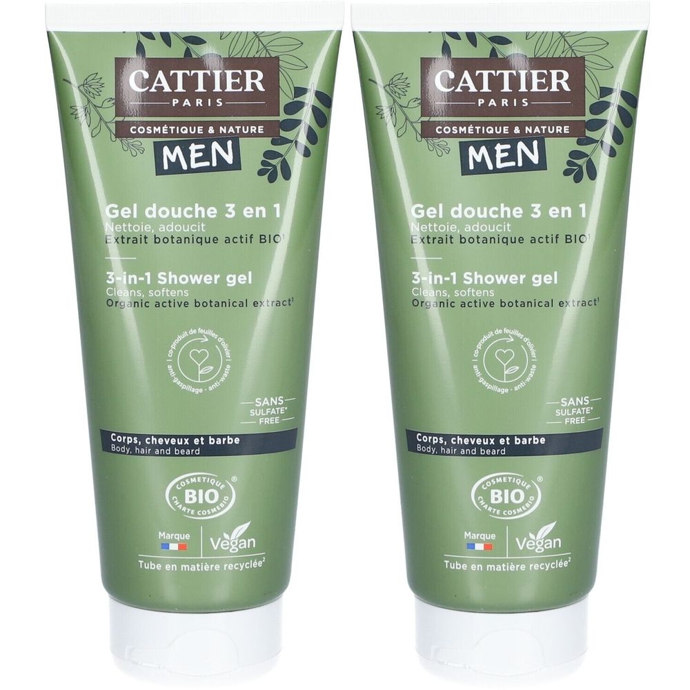 Deux tubes de gel douche verts. Inscription: CATTIER PARIS, MEN, Gel douche 3 en 1. Certification Bio et label Vegan.