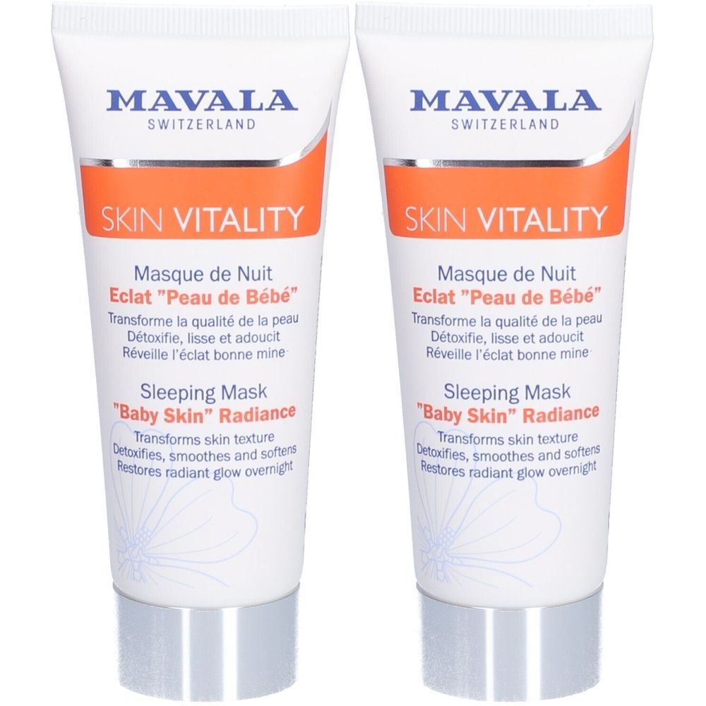 Twee tubes Mavala Skin Vitality nachtmasker. Witte tubes met oranje band en blauwe tekst. Tekst: Skin Vitality, Masque de Nuit, Sleeping Mask.