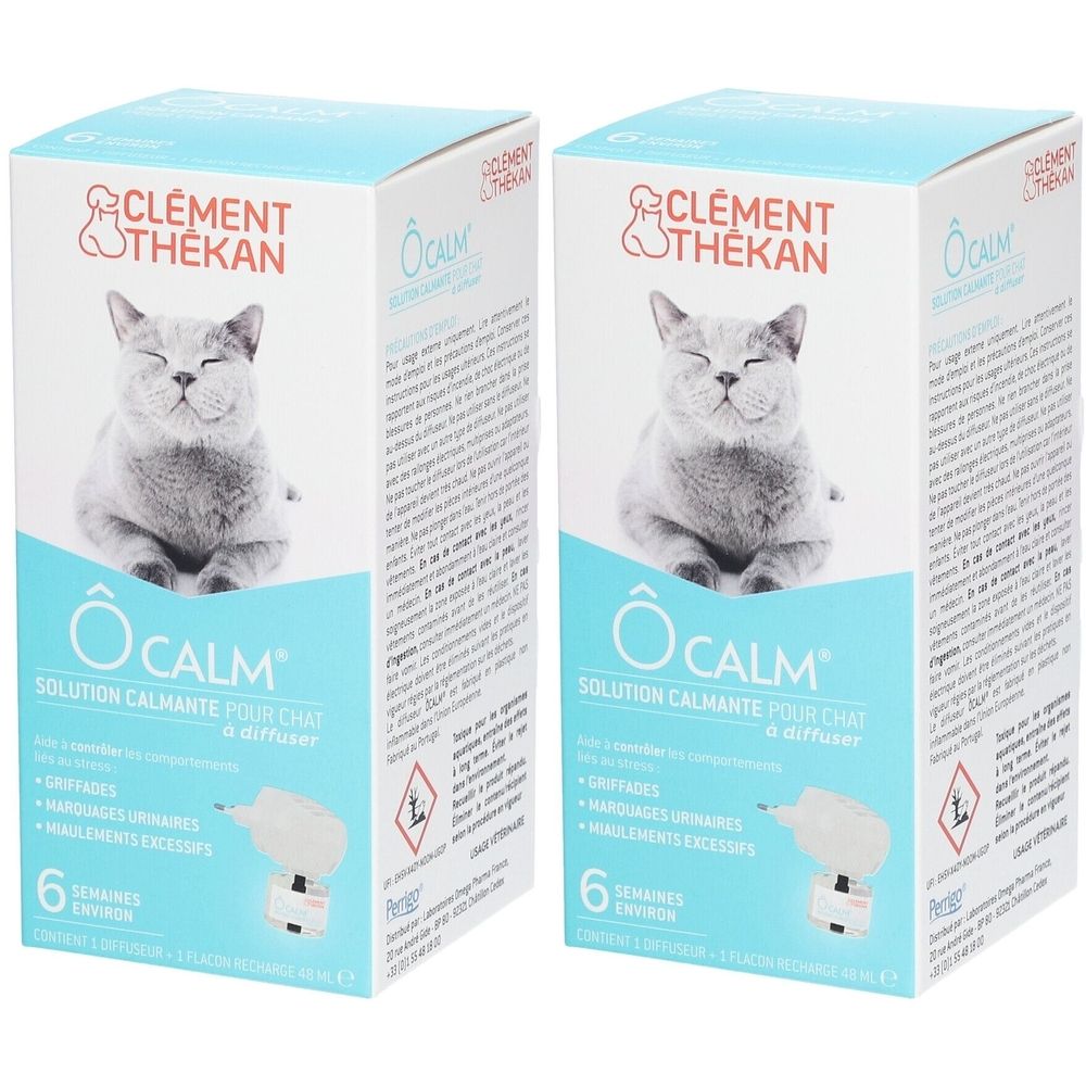 Twee dozen. Opschrift: Clement Thékan, O Calm, oplossing voor katten. Bevat diffuser en navulling. Zes weken.