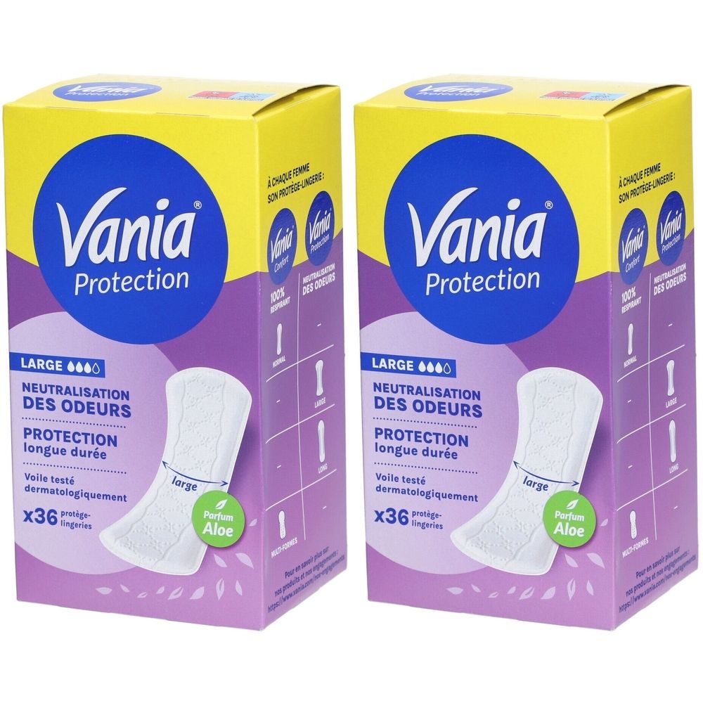 Deux boîtes de Vania Protection Large. Emballage jaune et violet. Inscription : Neutralisation des Odeurs, Protection longue durée, Aloe.
