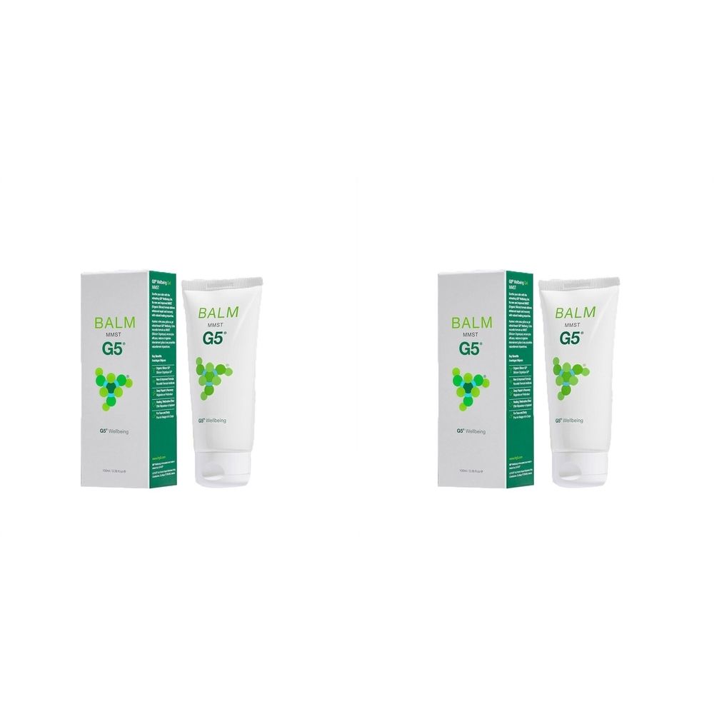 Twee tubes en dozen. Op de tubes en dozen staat "BALM G5". De dozen zijn wit met groene accenten.
