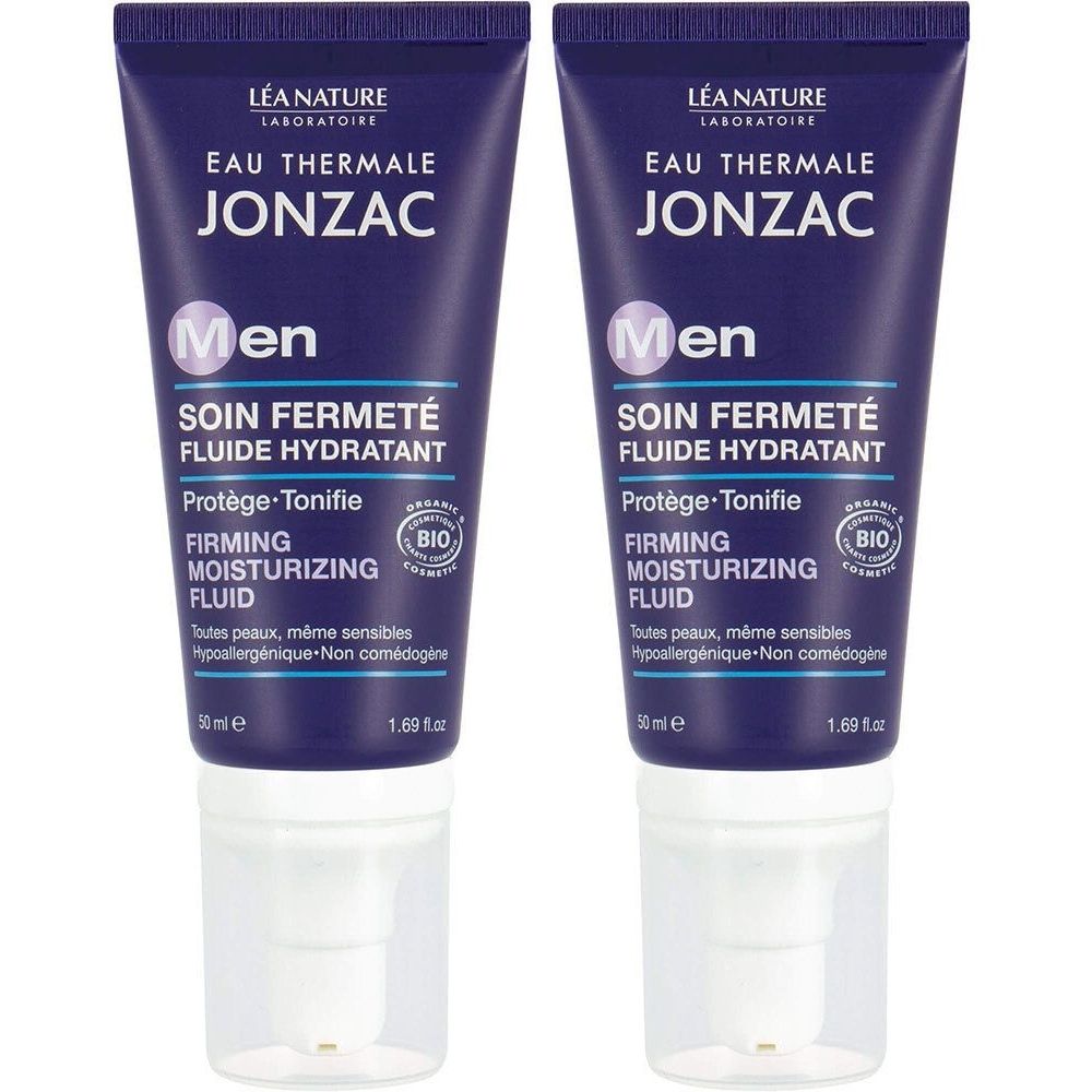 Twee tubes Jonzac Men hydraterende vloeistof. Donkerblauwe tubes met witte tekst. BIO-certificering. Productnaam en beschrijving.