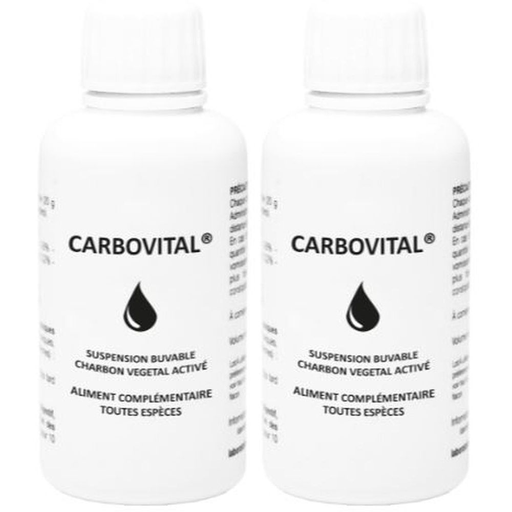 Deux flacons blancs CARBOVITAL®. Inscription: Suspension buvable, Charbon végétal activé, Aliment complémentaire. Bouchon blanc.