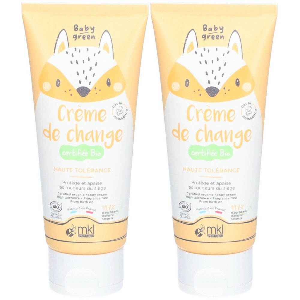 Twee tubes Baby Green Crème de Change. Elke tube heeft een vossenmotief en de tekst "Crème de change certifiée Bio".