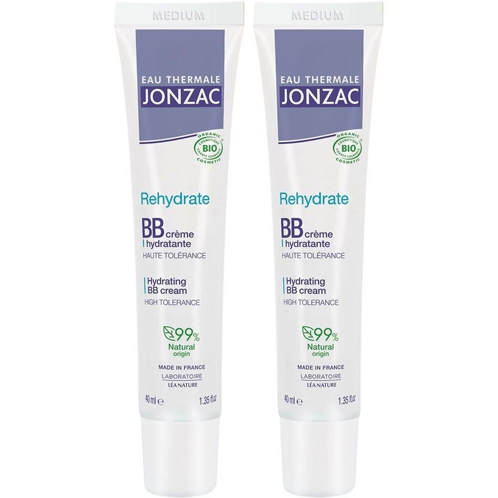 Twee tubes BB crème. Opschrift: Jonzac, Rehydrate, BB crème hydratante. Bio-certificering. 99% natuurlijke oorsprong.