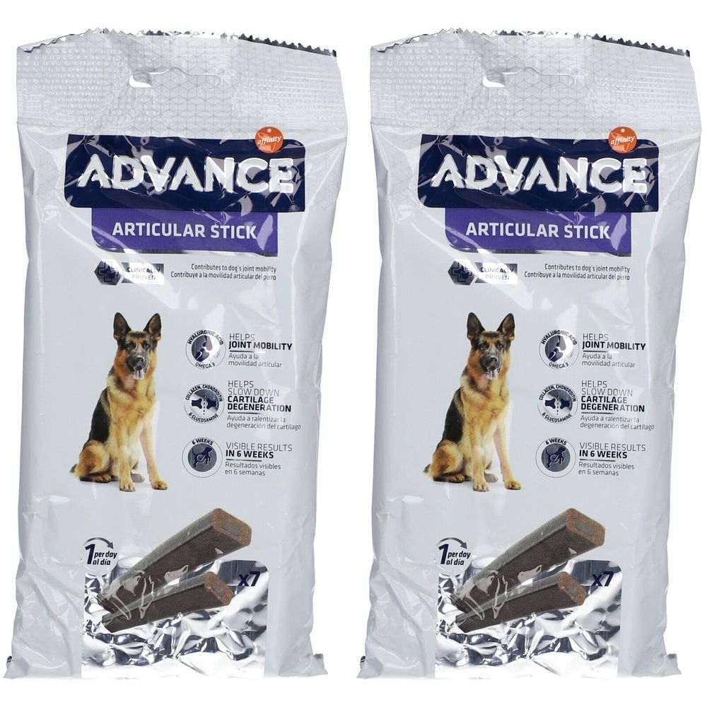 Twee zakken ADVANCE Articular Stick. Opschrift: Joint Mobility, kraakbeendegeneratie. Afbeelding van hond en sticks.
