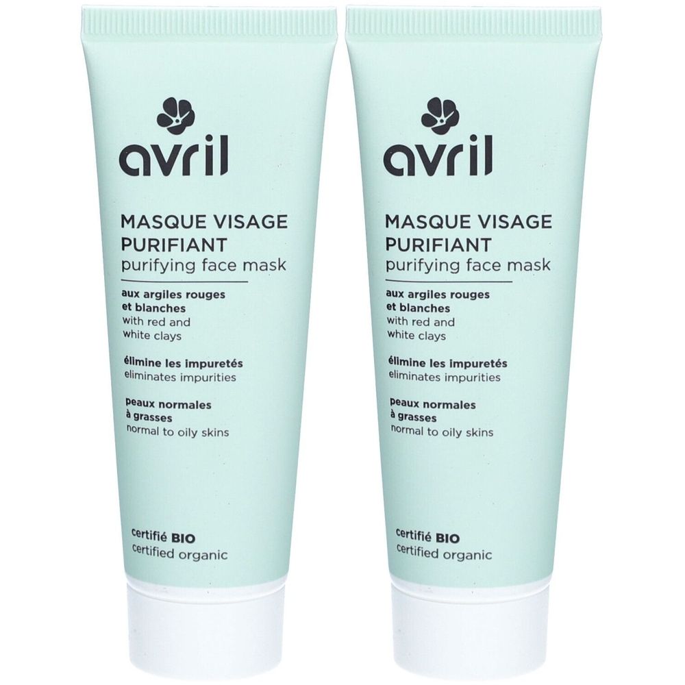 Twee tubes gezichtsmasker. Lichtgroene verpakking met zwarte tekst. Opschrift: Avril, Masque Visage Purifiant, gecertificeerd BIO.