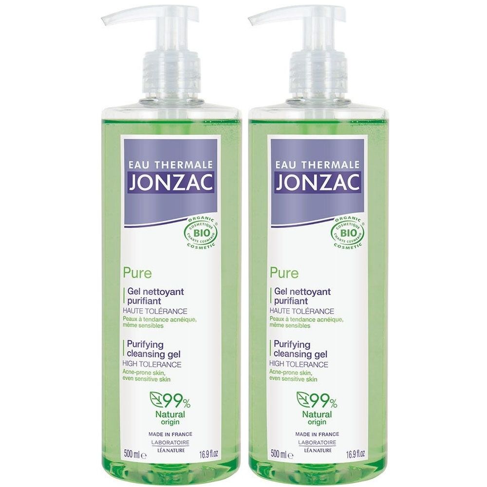 Twee groene flessen met pomp. Opschrift: Jonzac, Pure, Gel nettoyant purifiant, 99% Natural origin. Bio-certificering.