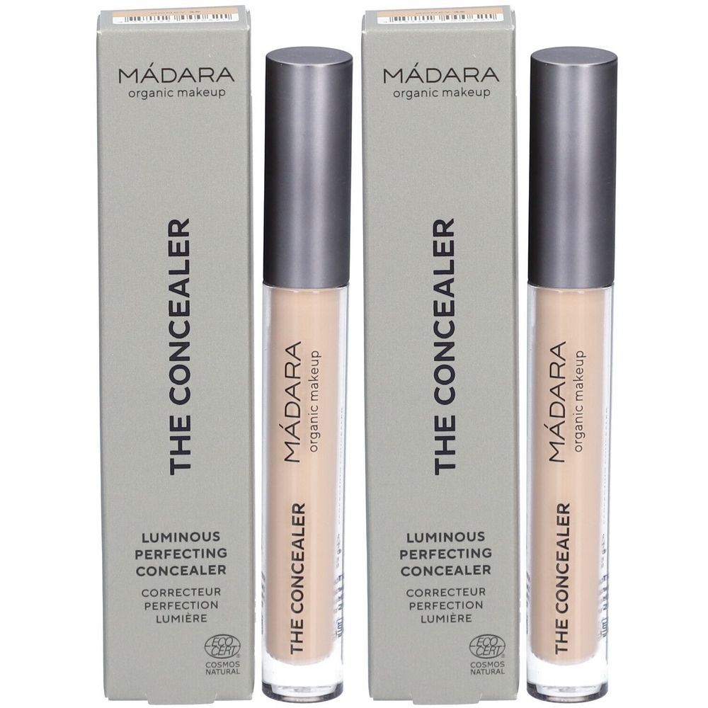 Twee concealer tubes en verpakkingen. Op de verpakkingen staat "MÁDARA organic makeup" en "THE CONCEALER".