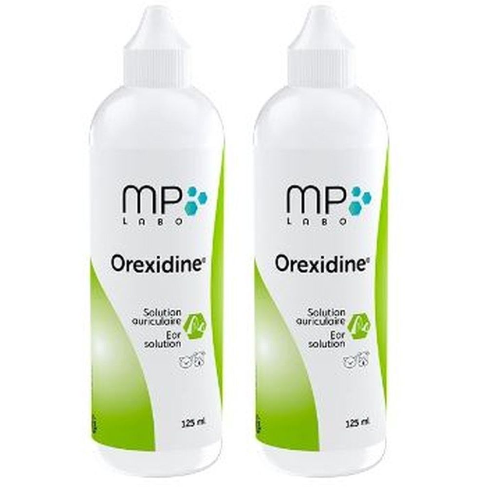 Twee witte flessen met groene accenten. Opschrift: MP Labo Orexidine, ooroplossing, 125 ml. Voor honden en katten.